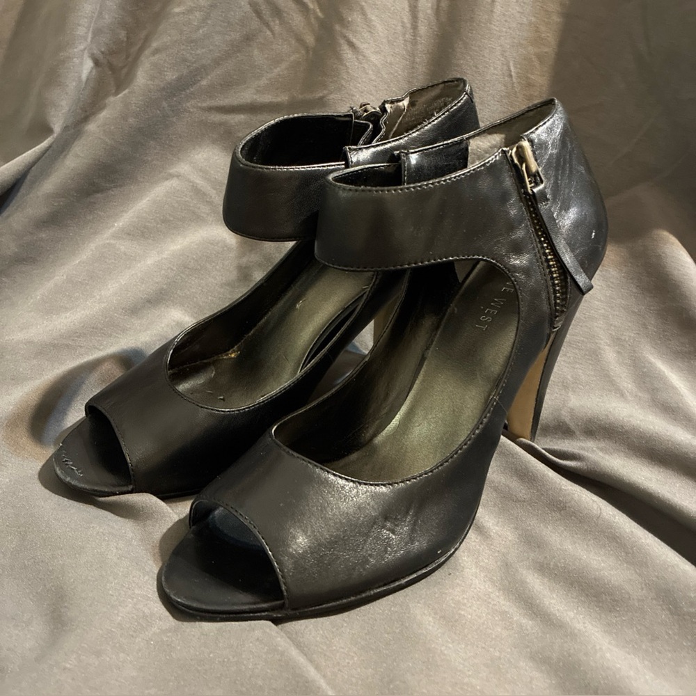 NINE WEST High Heels Ankle Strap Open Toe Sandals Black Leather US Size 7